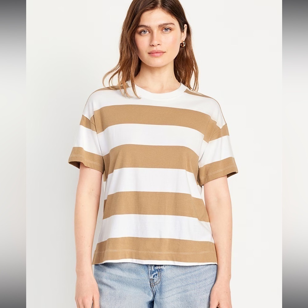 Old Navy Women’s Crew Neck 3X Shirt Tan White Striped 100% Cotton Contemporary